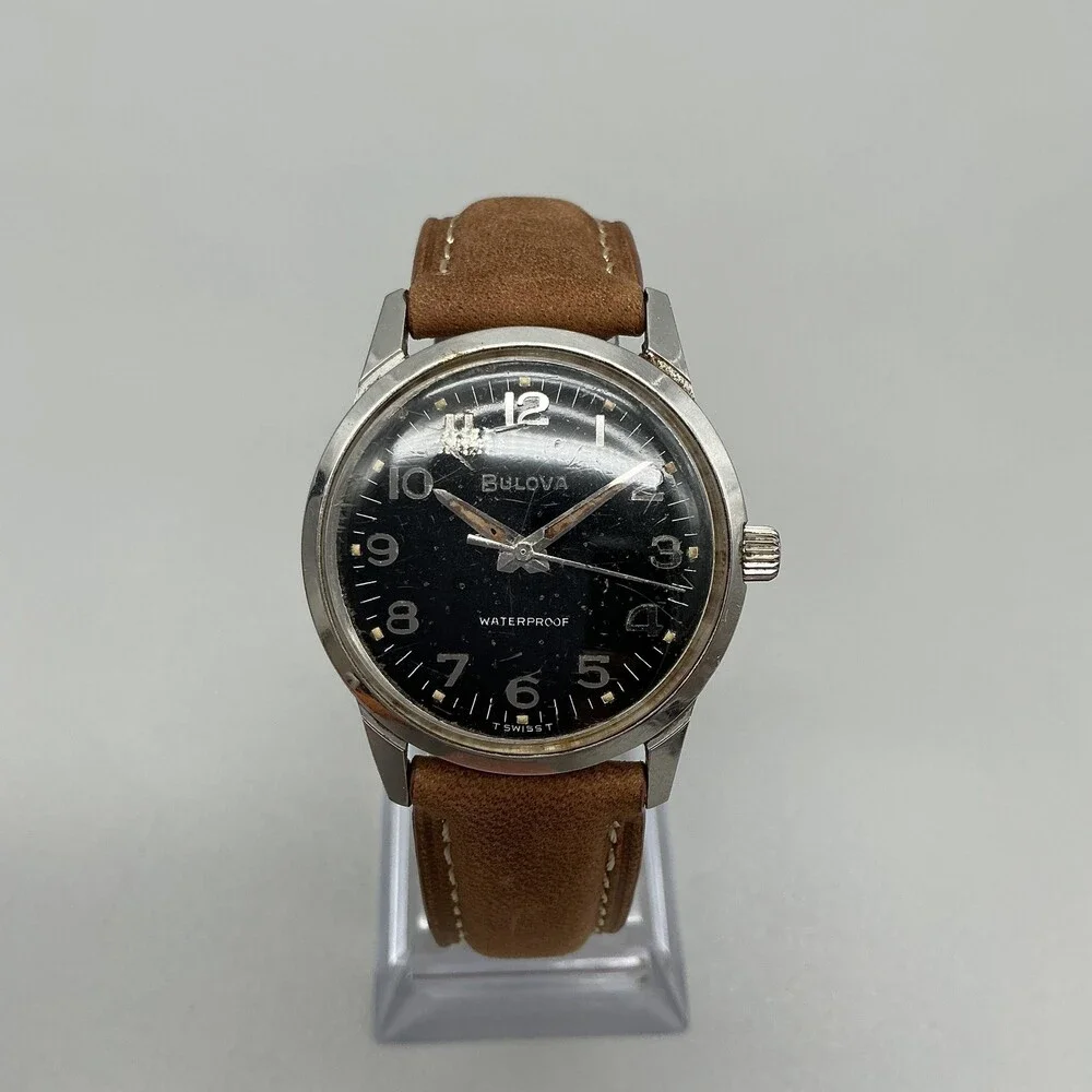Vintage Bulova Mens Watch 32mm Black Dial Brown Leather Manual Wind Swiss 1966
